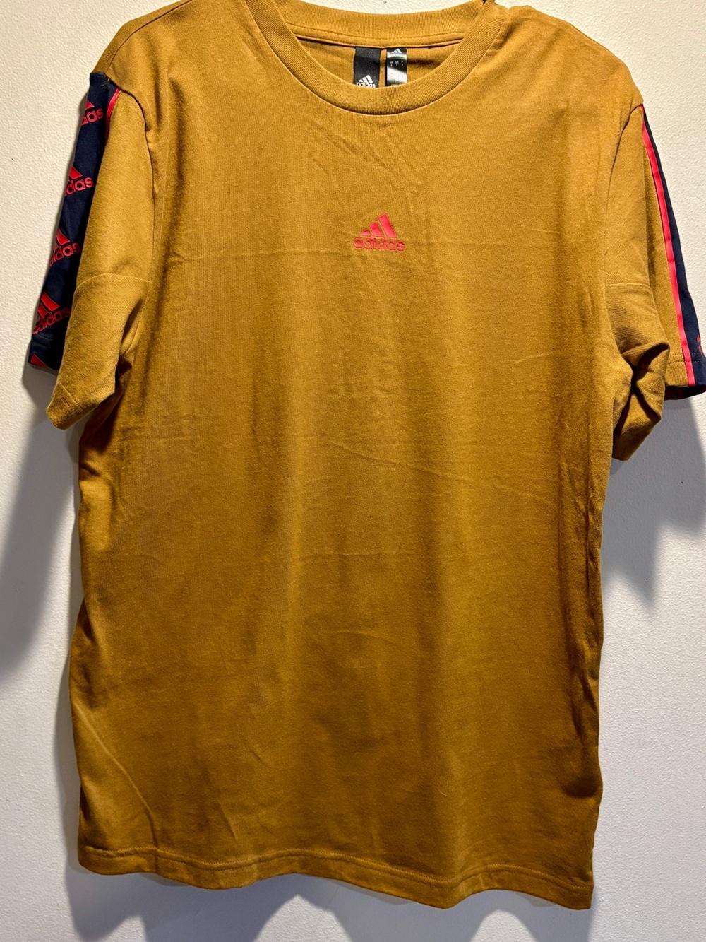 Adidas Short Sleeve Tee in Gold  with Red Logo and Black Sleeve Accents SZ S